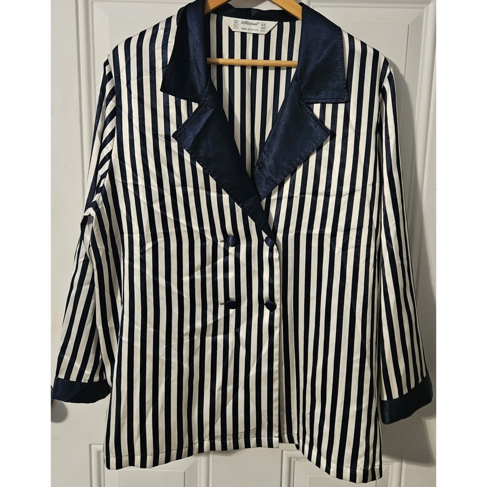 St‎ Michael UK Women's Striped Satin Blazer Jacket Top Navy White Size 16-18